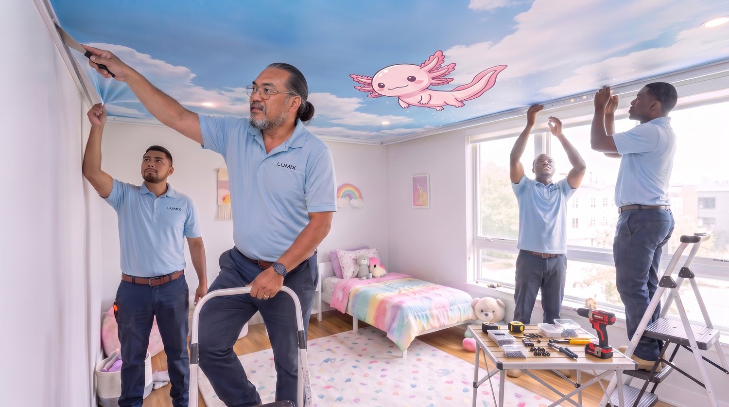 Lumix crew installing a printed sky ceiling in a kids room