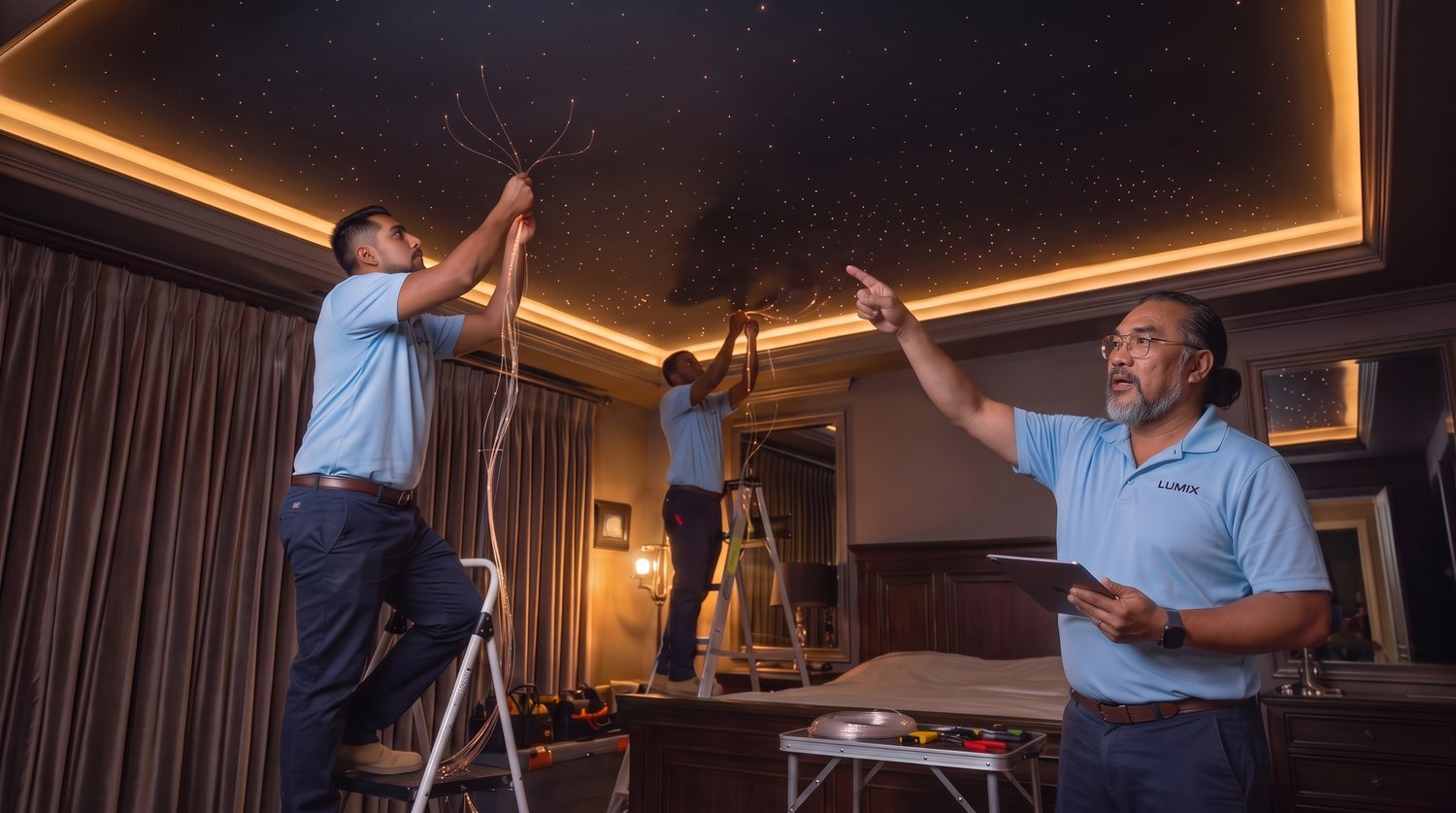Lumix crew installing a fiber-optic starlight ceiling